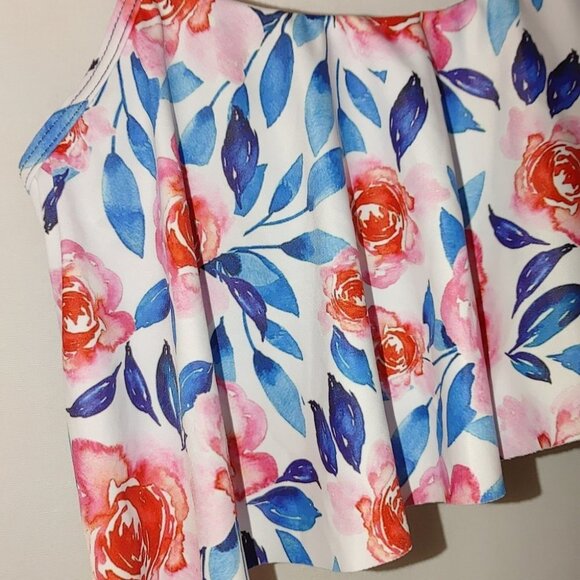 Verano Playa Bikini Top Flounce Pink White Blue Floral Rose Print Crop Top M - Picture 4 of 8